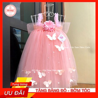 Đầm Công Chúa 💖FREESHIP💖 Đầm bé gái hồng cam hoa xù đính bướm