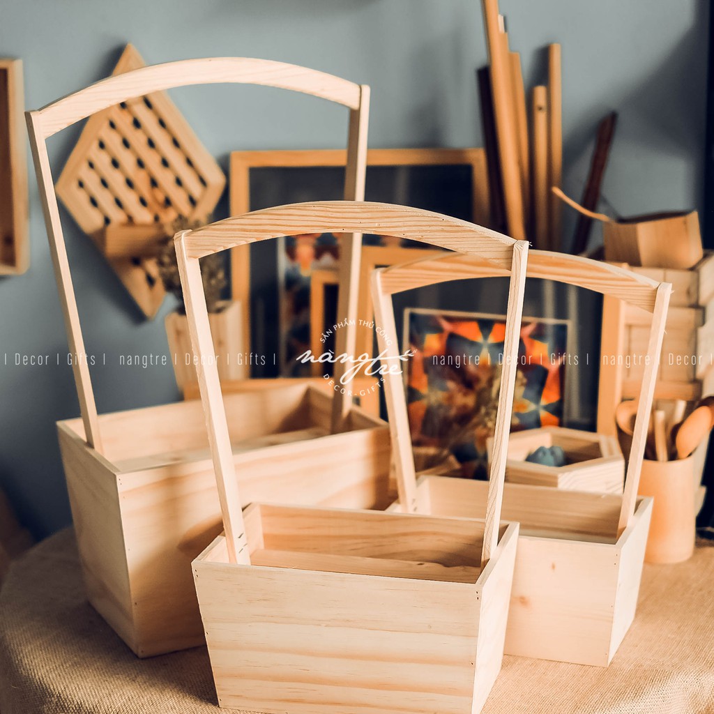 Giỏ gỗ trang trí hoa - giỏ gỗ trang trí - Wooden basket with flowers