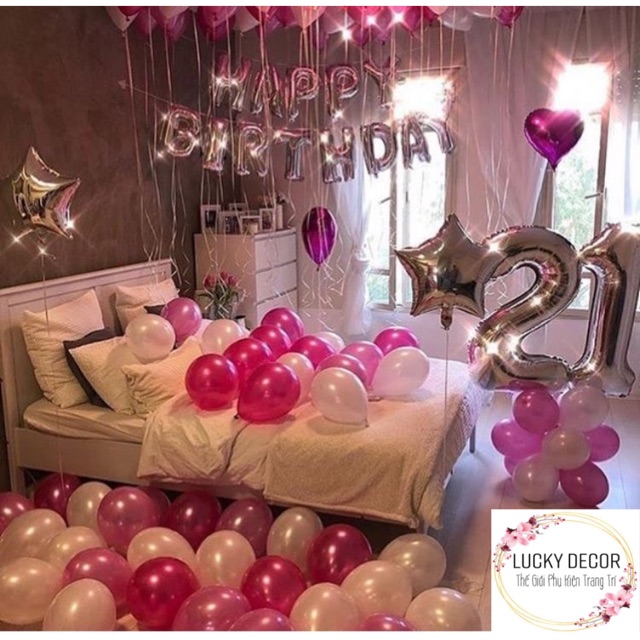 Bộ bong bóng trang trí sinh nhật tông hồng - tặng kèm đủ phụ kiện