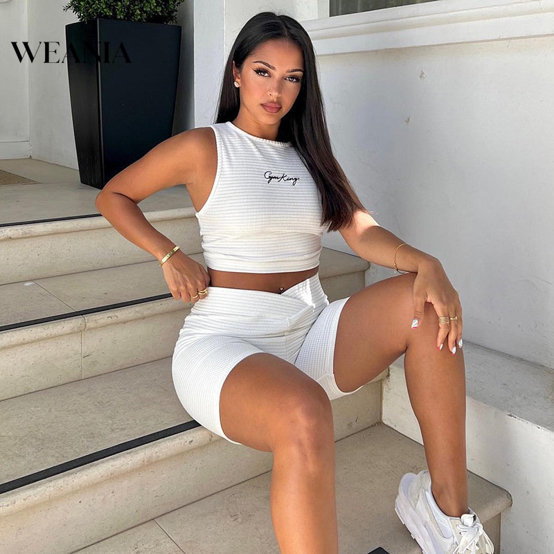 Set Áo Tank Top + Quần Sọt Thể Thao Lưng Cao Hoạ Tiết Chữ Thêu