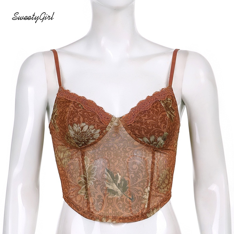 Áo hai dây cổ chữ V hở lưng dáng ôm in họa tiết chiếc lá thời trang quyến rũ cho phái nữ