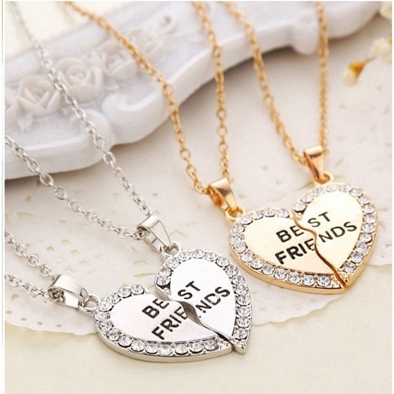 Best Friend Heart Silver Gold Rhinestone 2 Pendants Necklace Bff Friendship Gift Jewelry