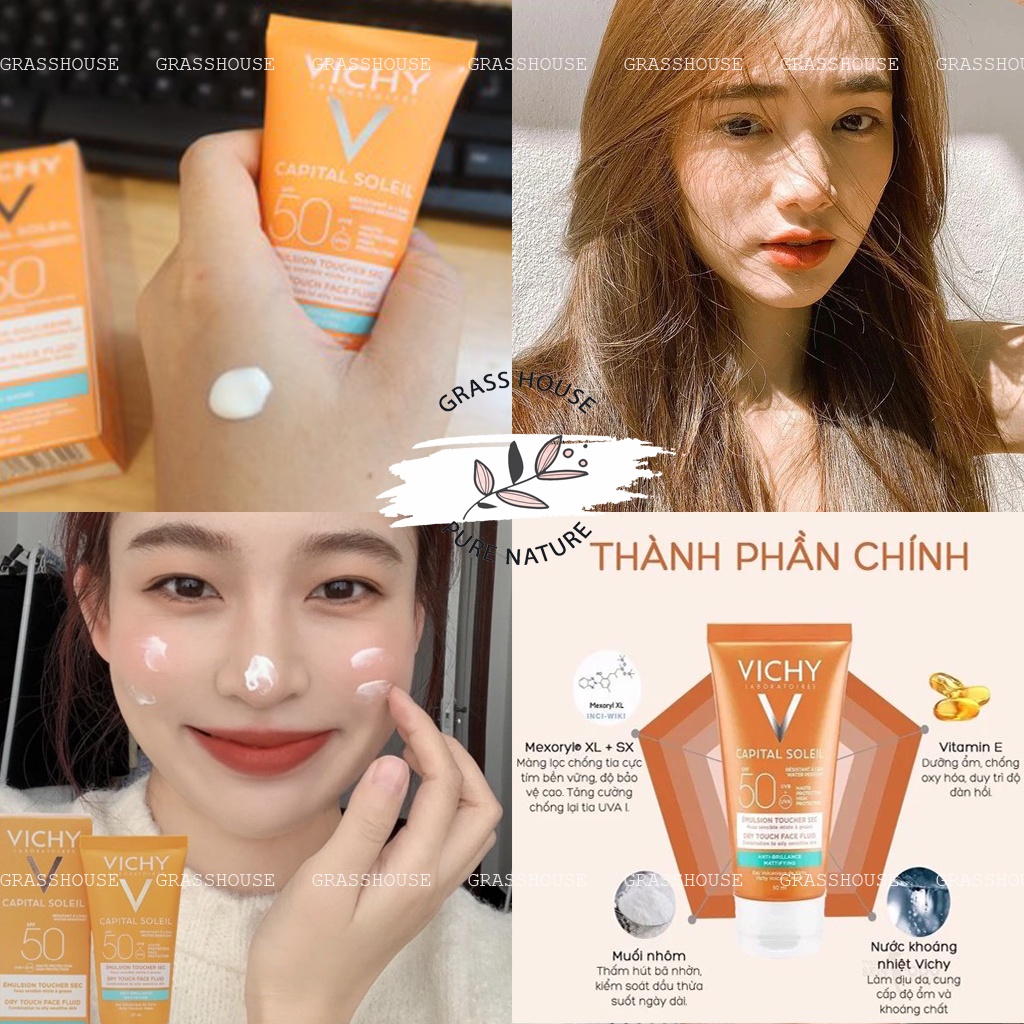 KEM CHỐNG NẮNG VICHY DRY TOUCH SPF50 DÀNH CHO DA DẦU, DA NHẠY CẢM kem chống nắng kiêm kem lót thấm sâu da không gây nhít