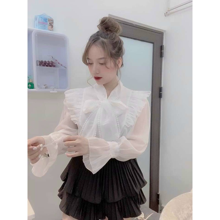 ❈﹊Áo sơ mi nữ cổ yếm mix chân váy cực xinh 2 màu trắng , kem