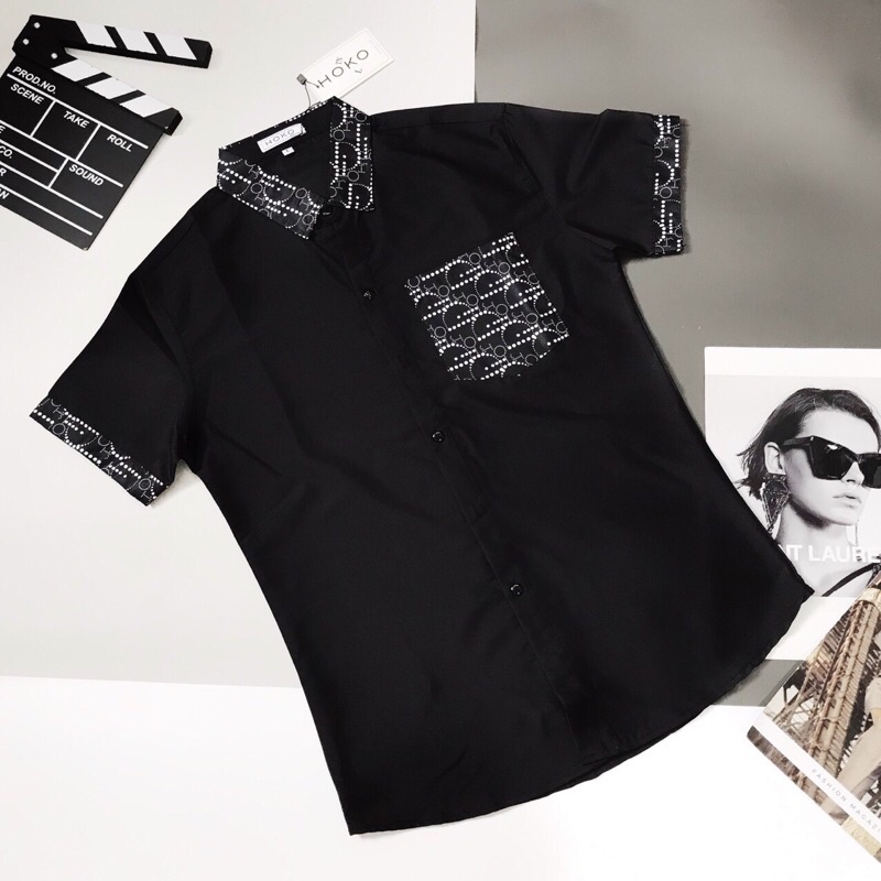 Áo sơ mi nam tay ngắn có cổ phối in chữ form ôm dáng chất liệu cotton lụa thoáng mát