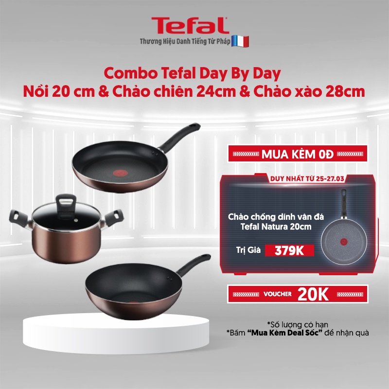 [Mã LIFEHL25 giảm 10% đơn 350K] Combo Tefal Day By Day Nồi 20 cm &amp; Chảo chiên 24cm &amp; Chảo xào 28cm