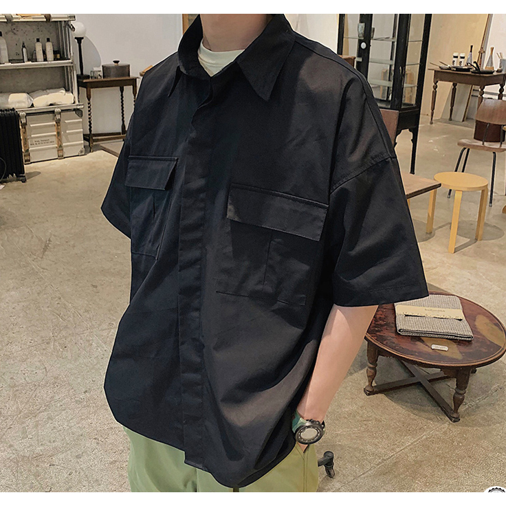 Áo sơ mi tay ngắn dáng rộng thiết kế nhiều túi phong cách thời trang dành cho nam