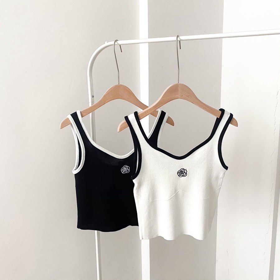 Áo dệt kim Pure Cube hai dây thêu họa tiết hoa trà xinh xắn thời trang cho nữ