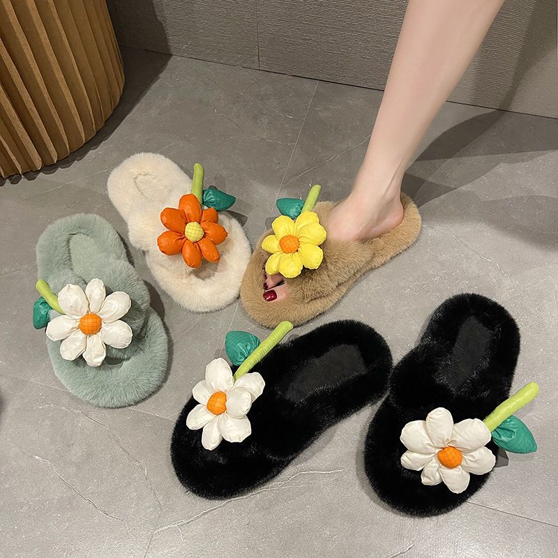 Dép Bông Quai Chéo Phối Lông Thời Trang Thu Đông 2022 Cho Nữ