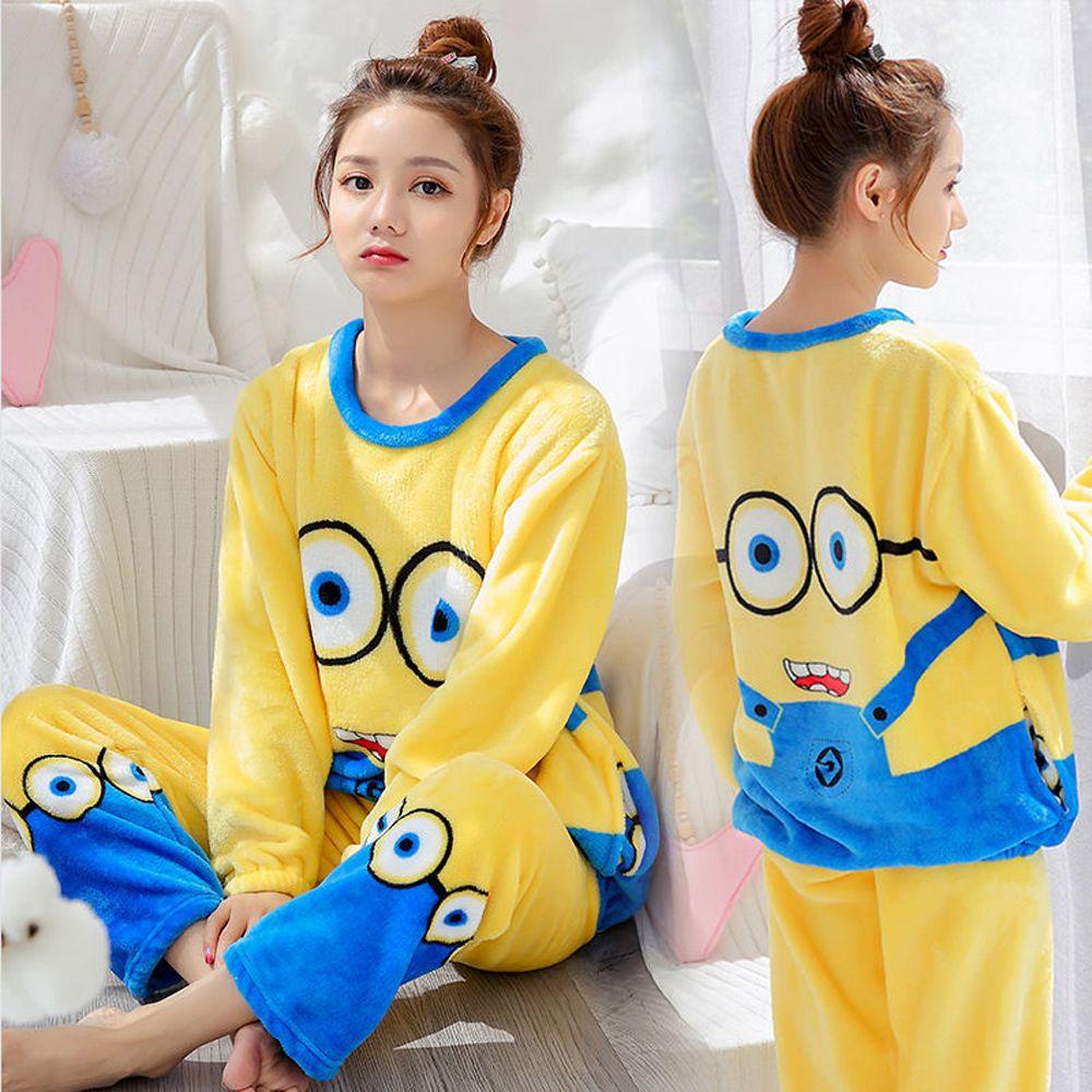 Bộ Đồ Ngủ Lông Cừu San Hô Dáng Rộng In Hoạt Hình Despicable Me Kiểu Hàn Quốc Thời Trang Thu Đông Cho Bạn Gái