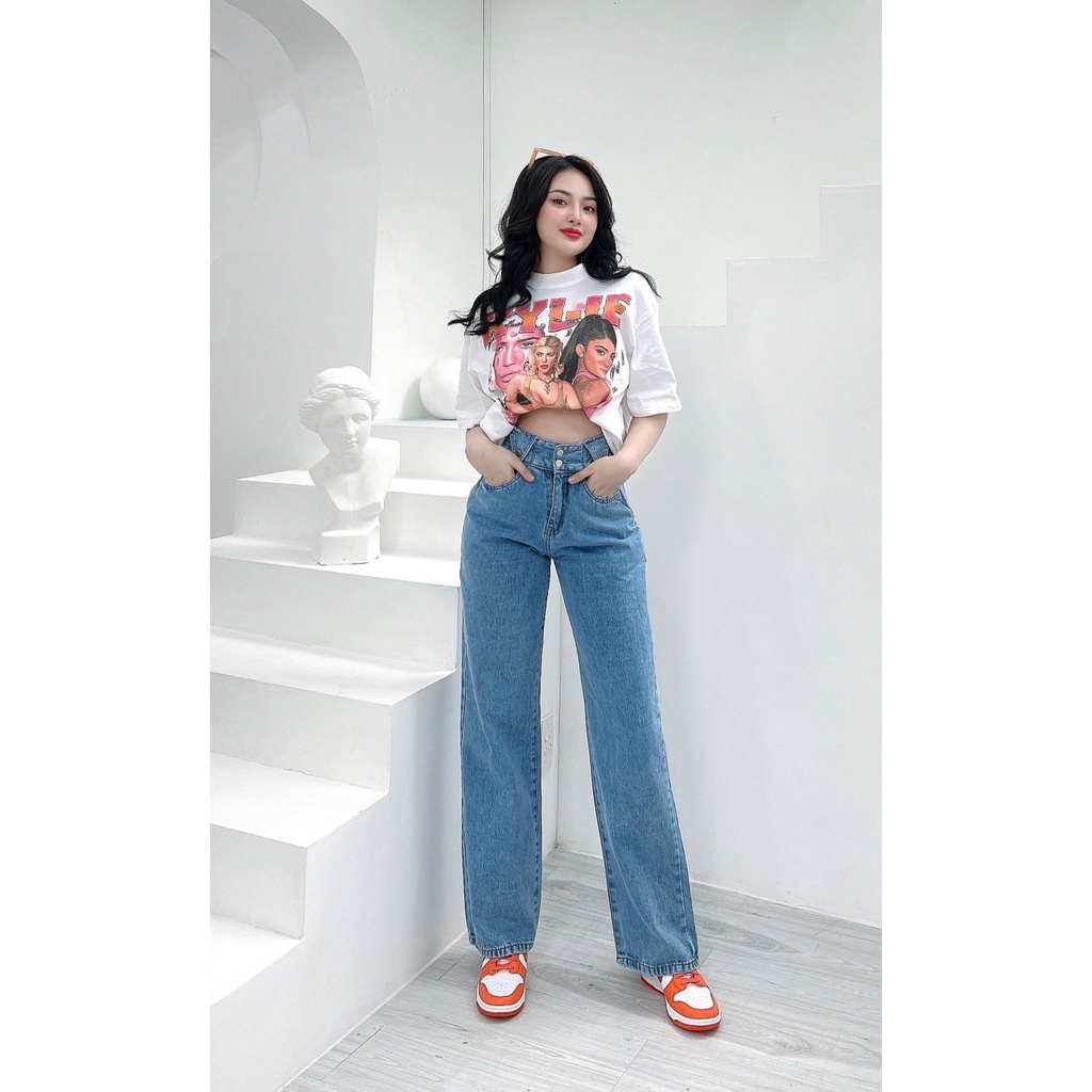 QUẦN JEANS ỐNG RỘNG NỮ LƯNG CAO 2 NÚT 2 TAI TAM GIÁC MÀU XANH NHẠT XANH ĐẬM LAI CUỐN FORM DÀI RỘNG CAO CẤP NITIQC