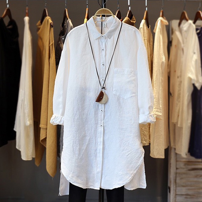 Đầm suông sơ mi dài tay Linen bột Premium form rộng trẻ trung