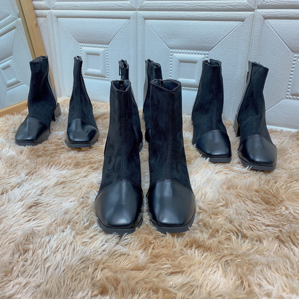 Giày bốt nữ  - Giày cao gót da phối thun K04 boot 1G11