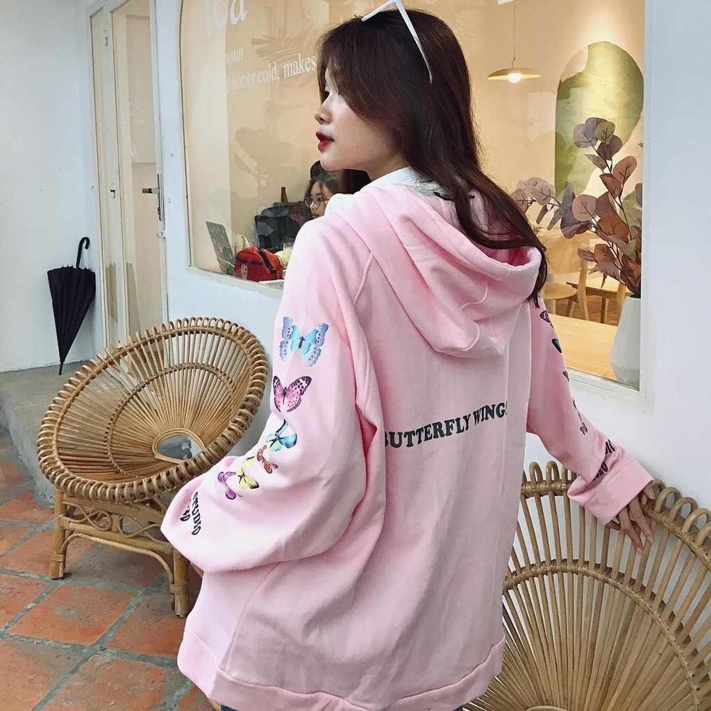 ÁO NỈ KHOÁC DÂY KÉO BƯỚM CHER STUDIO HỒNG ĐEN - ÁO KHOÁC HOODIE CÁNH BƯỚM COUPLE HD12