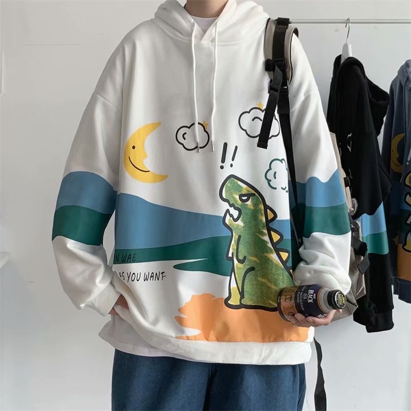 Áo hoodie nam dài tay dáng rộng in hình khủng long dễ thương có size M-2XL4