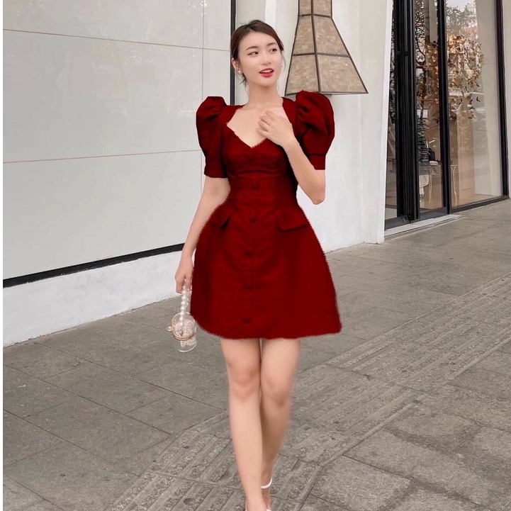 Đầm Mặc Tết Dự Tiệc Phồng Xòe Đỏ