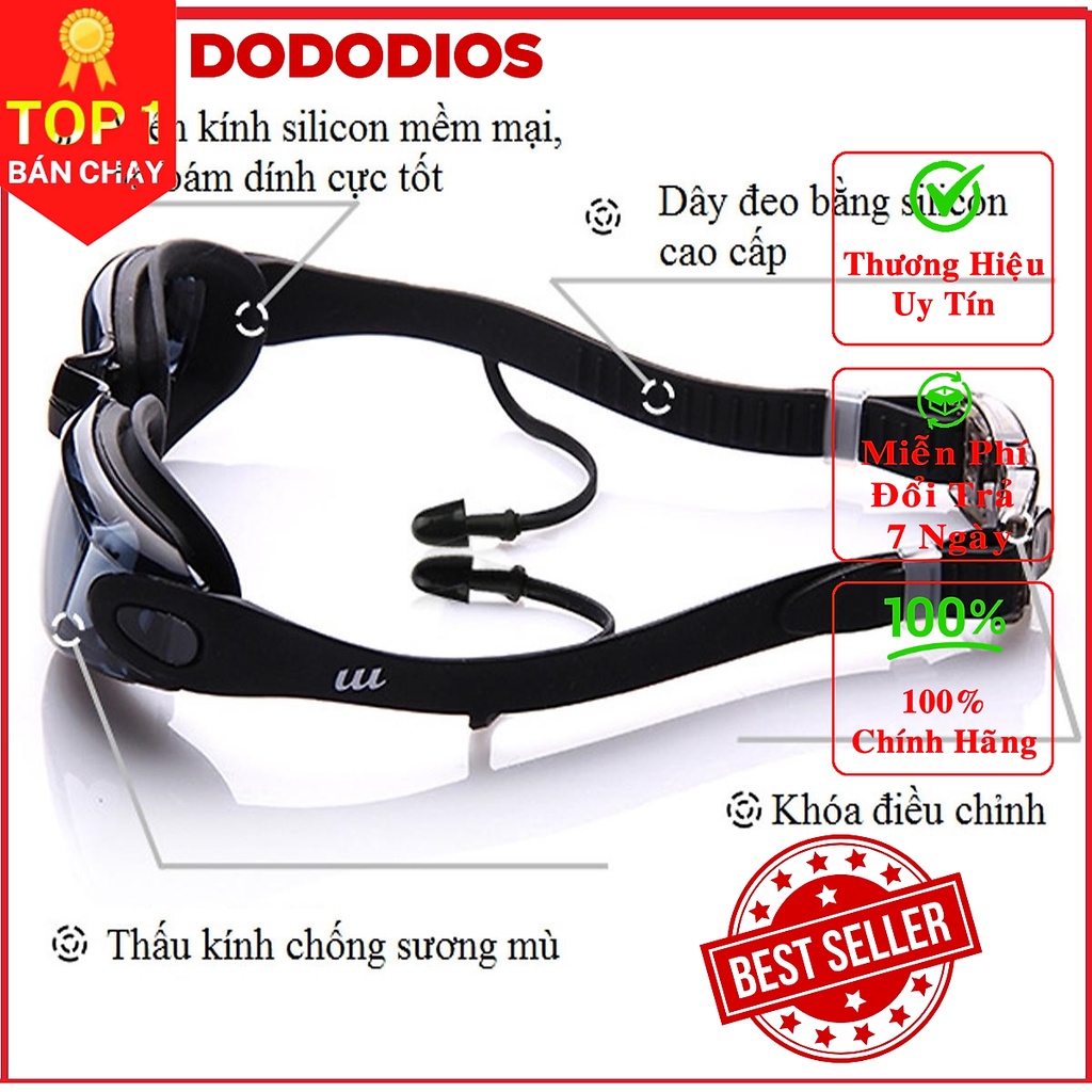 Kính bơi người lớn tráng gương tặng bịt tai kẹp mũi cho nam nữ, cho bé trẻ em - chính hãng dododios