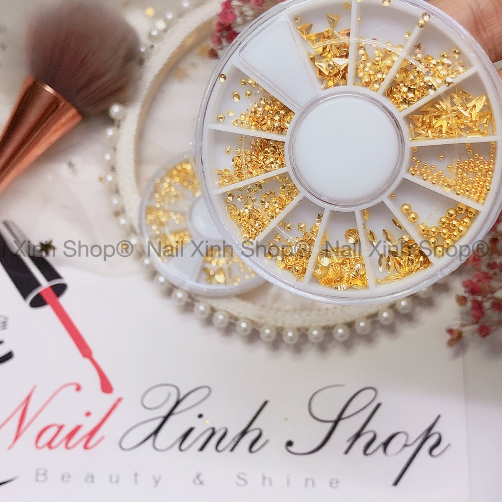 Khay tròn trang trí móng nail,charm nail, đá nail, phụ kiện nail art (phụ kiện mạ vàng)