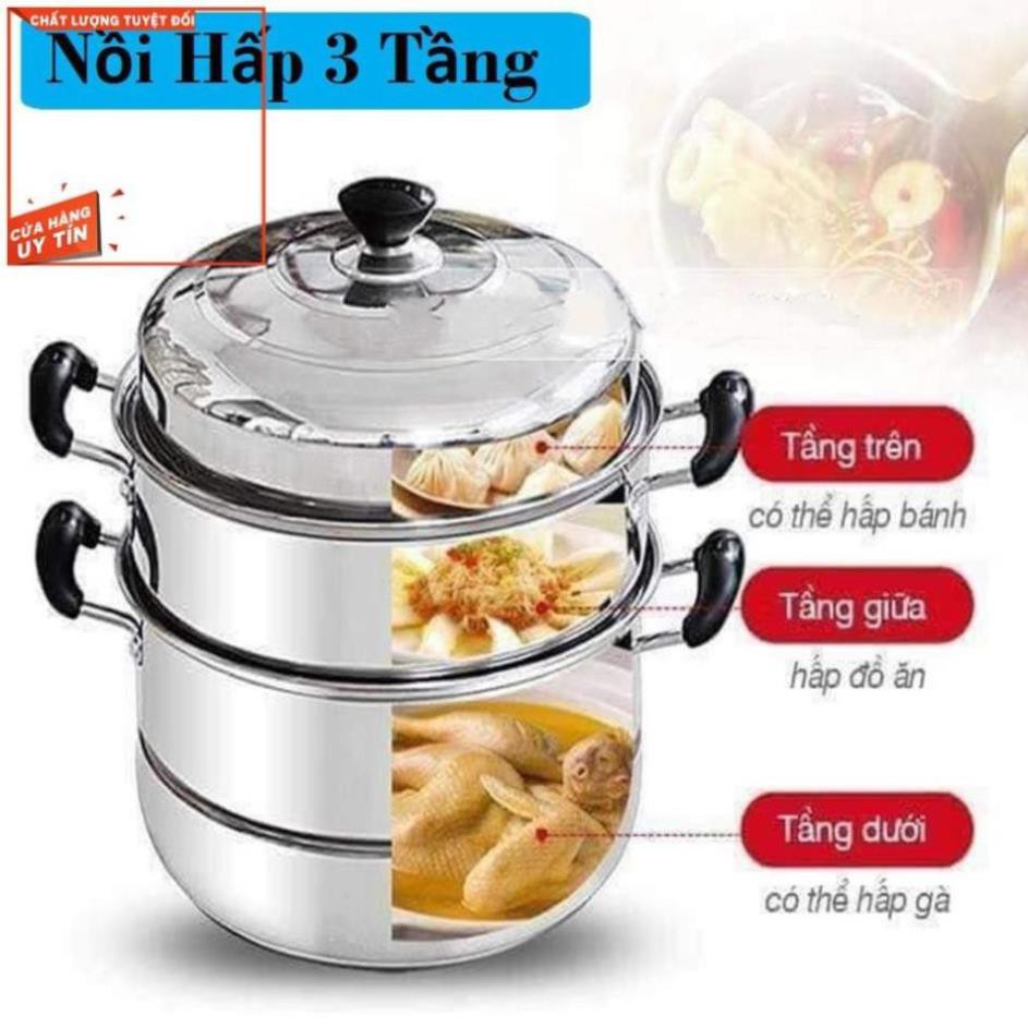 Nồi hấp 3 tầng đường kính 28cm dùng trên mọi loại bếp, Nồi hấp xửng hấp kiêm nồi luộc gà Inox 3 tầng