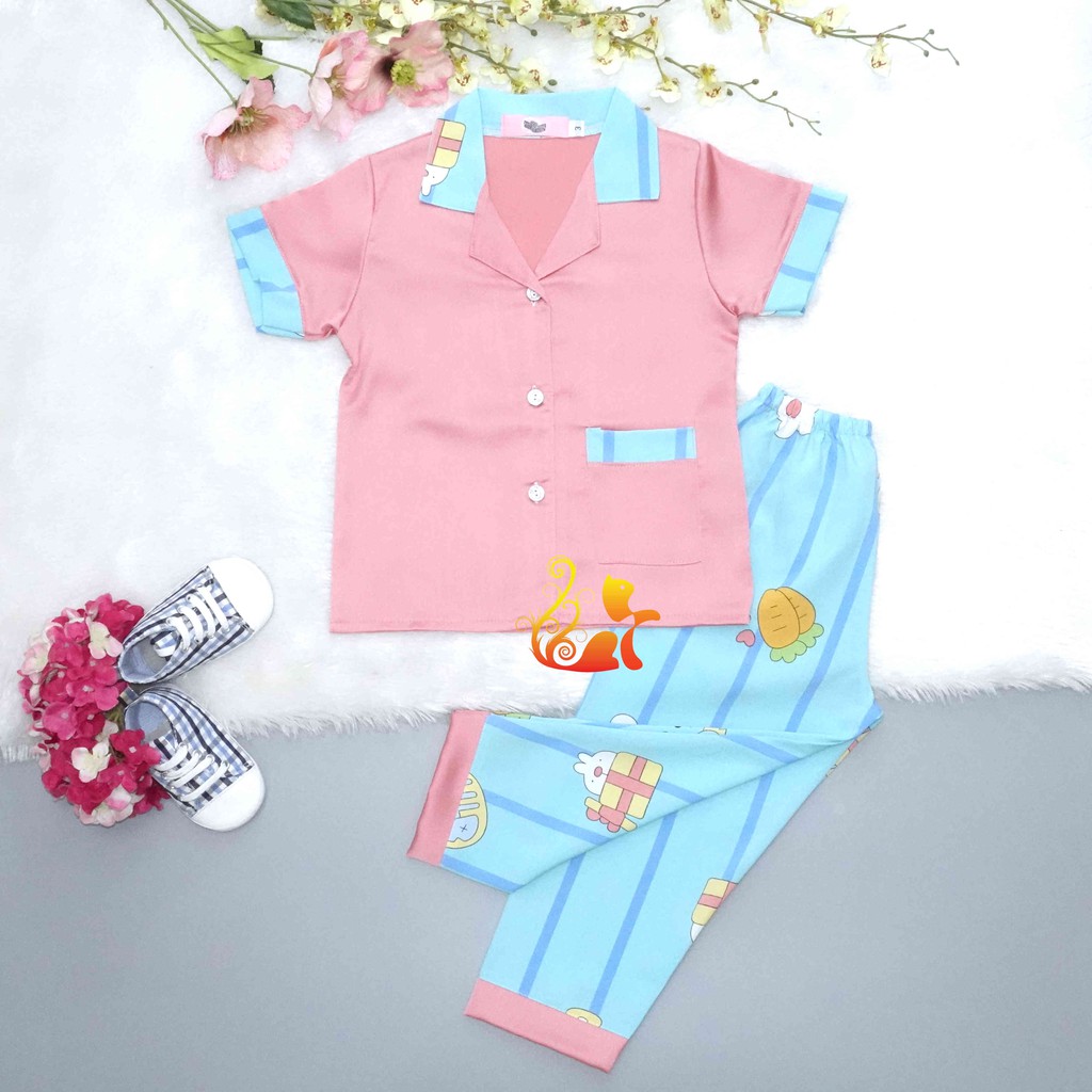 Đồ Bộ Pijama Satin "Cà rốt " Áo Phối Trơn Quần Dài Cho Bé - Từ 12kg - 42kg.