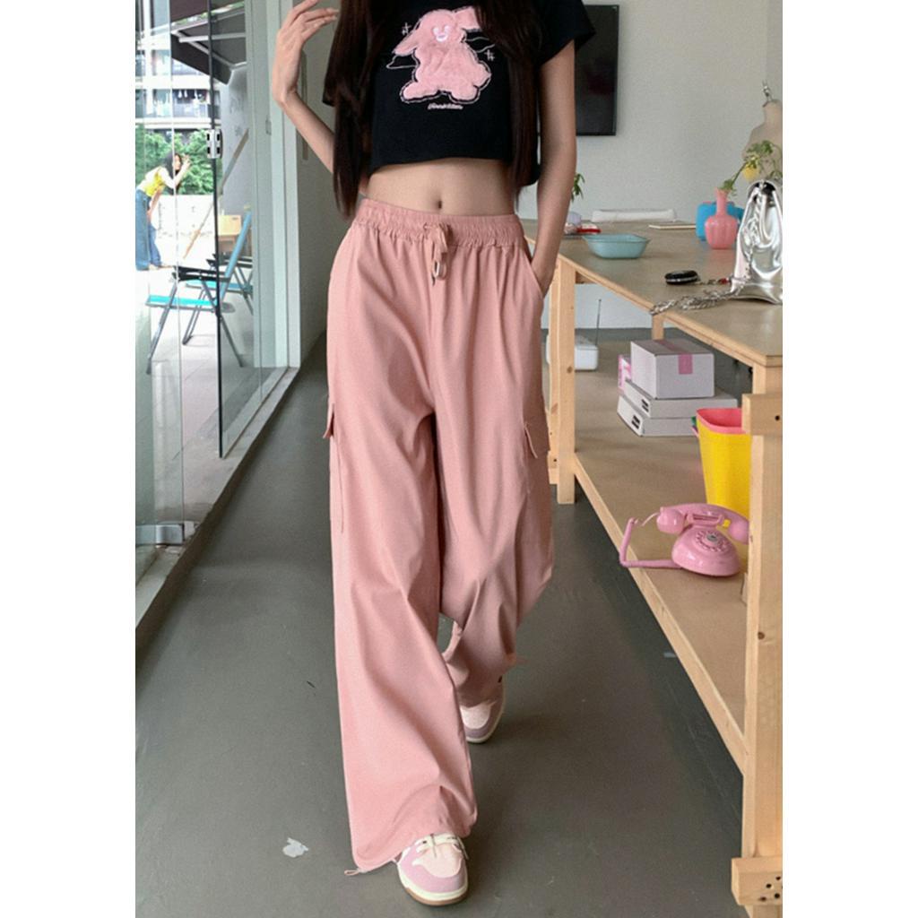 Xiaozhainv Quần Dài Lưng Cao Ống Rộng Phối Dây Rút Phong Cách retro Mỹ Cho Nữ