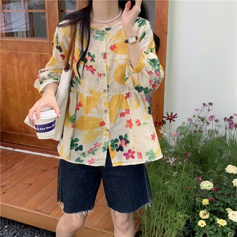 SUXI Áo Kiểu Tay Dài Cổ Tròn Hoạ Tiết Hoa Phong Cách Hàn Quốc