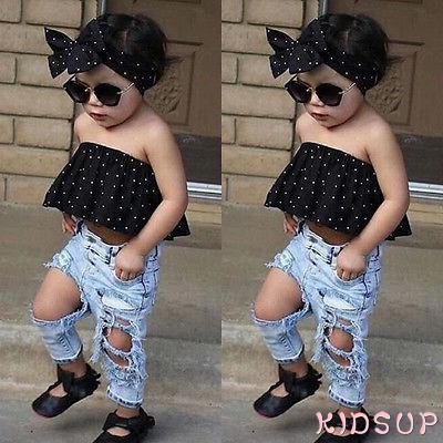 Áo trễ vai họa tiết chấm bi kèm quần dài và băng đô xinh xắn cho bé gái