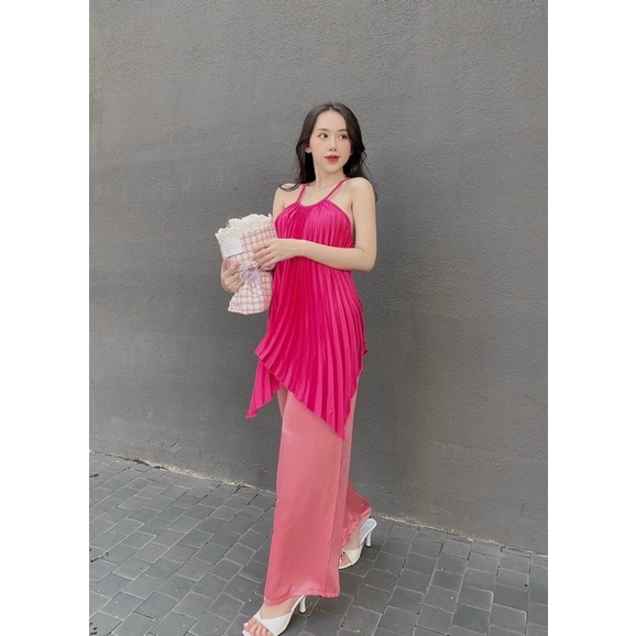 Set phi dập ly áo 2 dây hở lưng kèm quần dài suông rộng xanh/hồng cánh sen/kem, thời trang nữ sang trọng quý phái