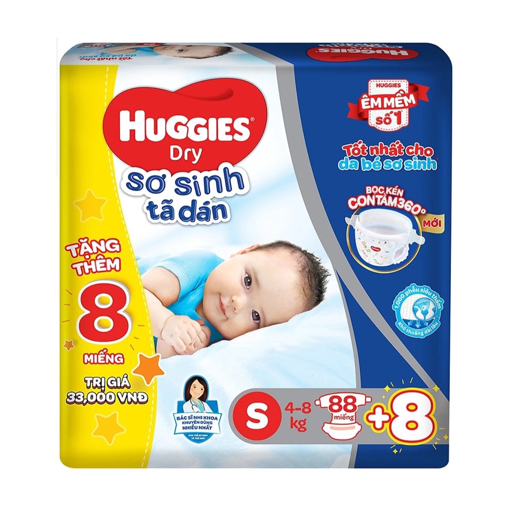 Tặng 8 miếng trong bịch-Tã dán sơ sinh Huggies S88