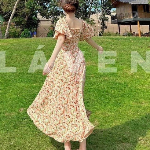 Đầm hoa maxi cổ vuông tay ngắn phồng dáng xoè phù hợp đi tiệc đi biển thời trang mùa hè stclothing