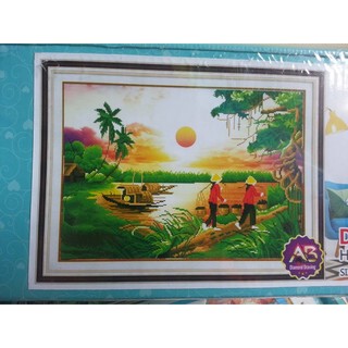 Tranh đính đá phong cảnh làng quê DF051 (tranh chưa đính)