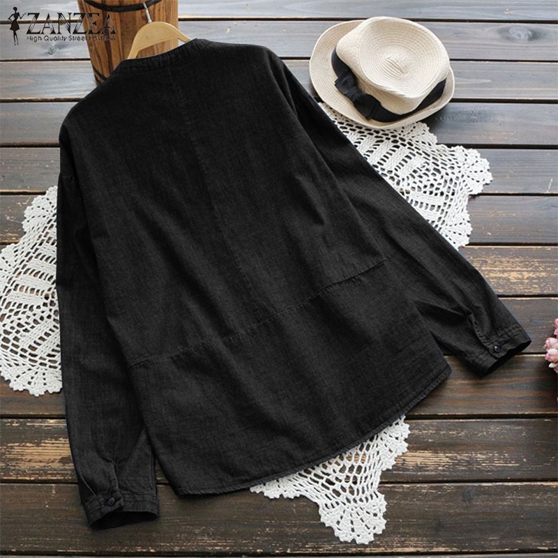 ZANZEA Phụ nữ Thường Cổ tròn Nút xuống Áo sơ mi dài tay denim
