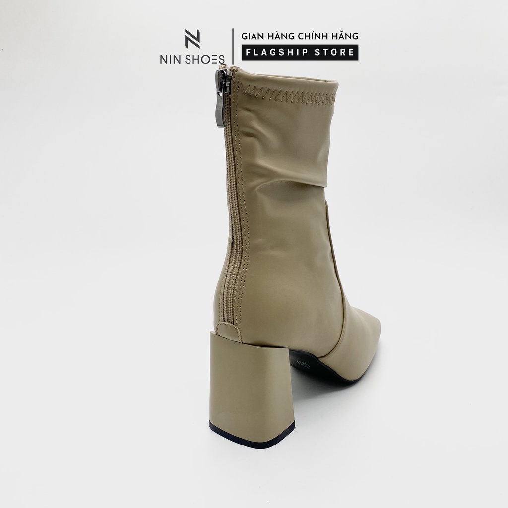 Giày Boot nữ 9p QCCC gót vuông cao cổ kéo khóa sau da si Ninshoes | BigBuy360 - bigbuy360.vn