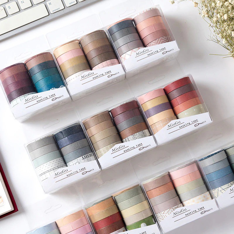 Hộp 10 Cuộn Washi Tape Basic DIY Trang Trí Bullet Journal Nhật Ký Sổ Lưu Niệm