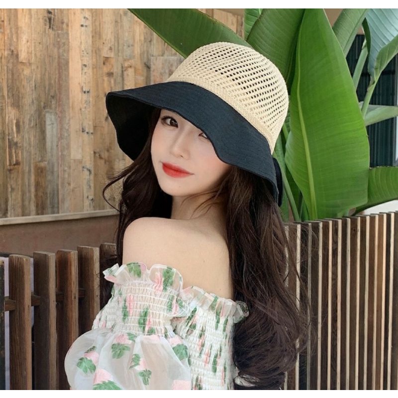 Nón đi biển chống nắng UV gấp gọn thông thoáng cho nữ chất liệu liệu cói vải cao cấp