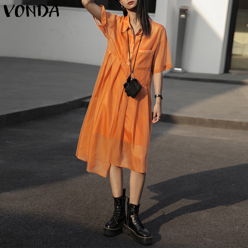 VONDA Women Two Piece Turn Down Collar Short Sleeve Button Dress | BigBuy360 - bigbuy360.vn