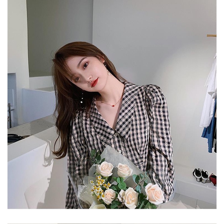 Áo Sơ Mi Nữ Ca Rô Dài Tay Cổ Chữ V Thời Trang Hàn