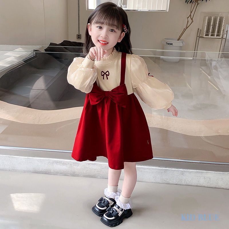 Đầm Công Chúa Giả Hai Lớp Phối Ren Thắt Nơ Xinh Xắn Dành Cho Bé Gái