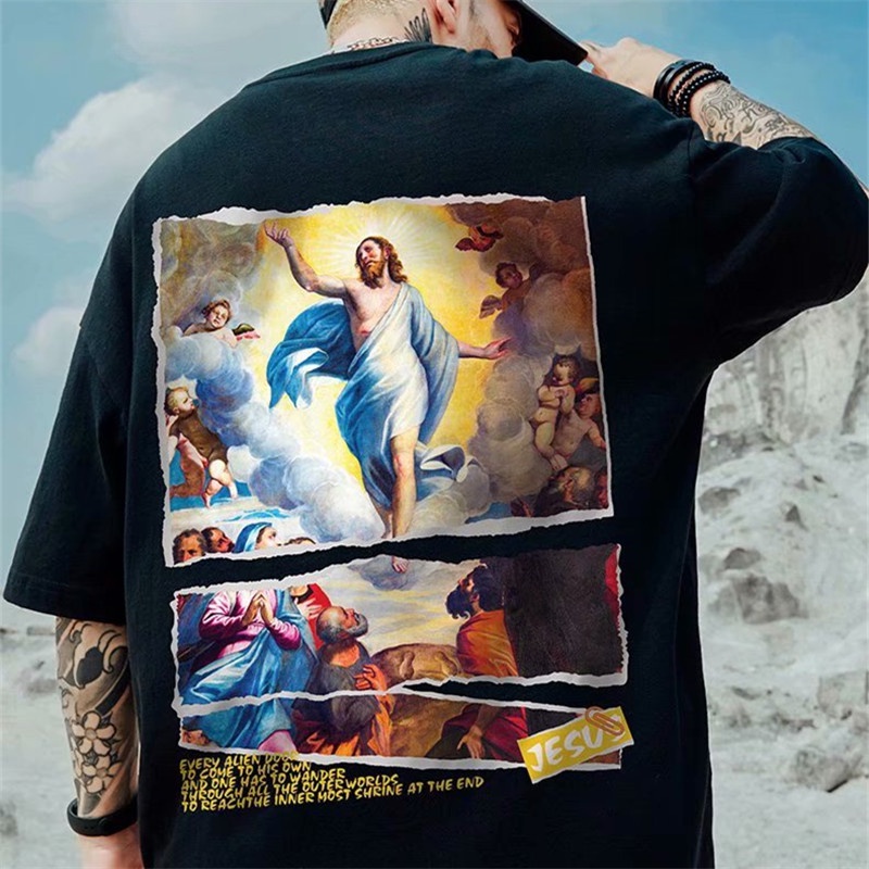 Áo Thun Tay Ngắn Dáng Rộng In Hình Chúa Jesus Phong Cách Âu Mỹ Cổ Điển Thời Trang Mùa Hè Cho Nam Và Nữ S-8Xl