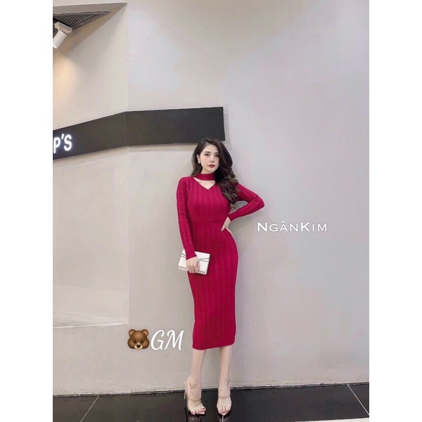 Váy len thừng body cổ khoét tim