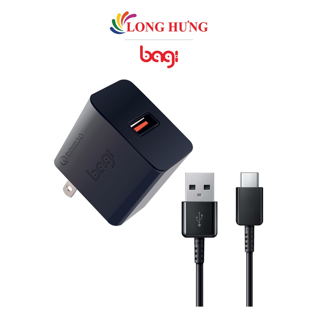 [Mã 2404EL10K giảm 10K đơn 20K] Combo cốc sạc Bagi QC 3.0 2A 1USB + Cáp USB Type-C 2.0 1.2m CB-M30 - Hàng chính hãng