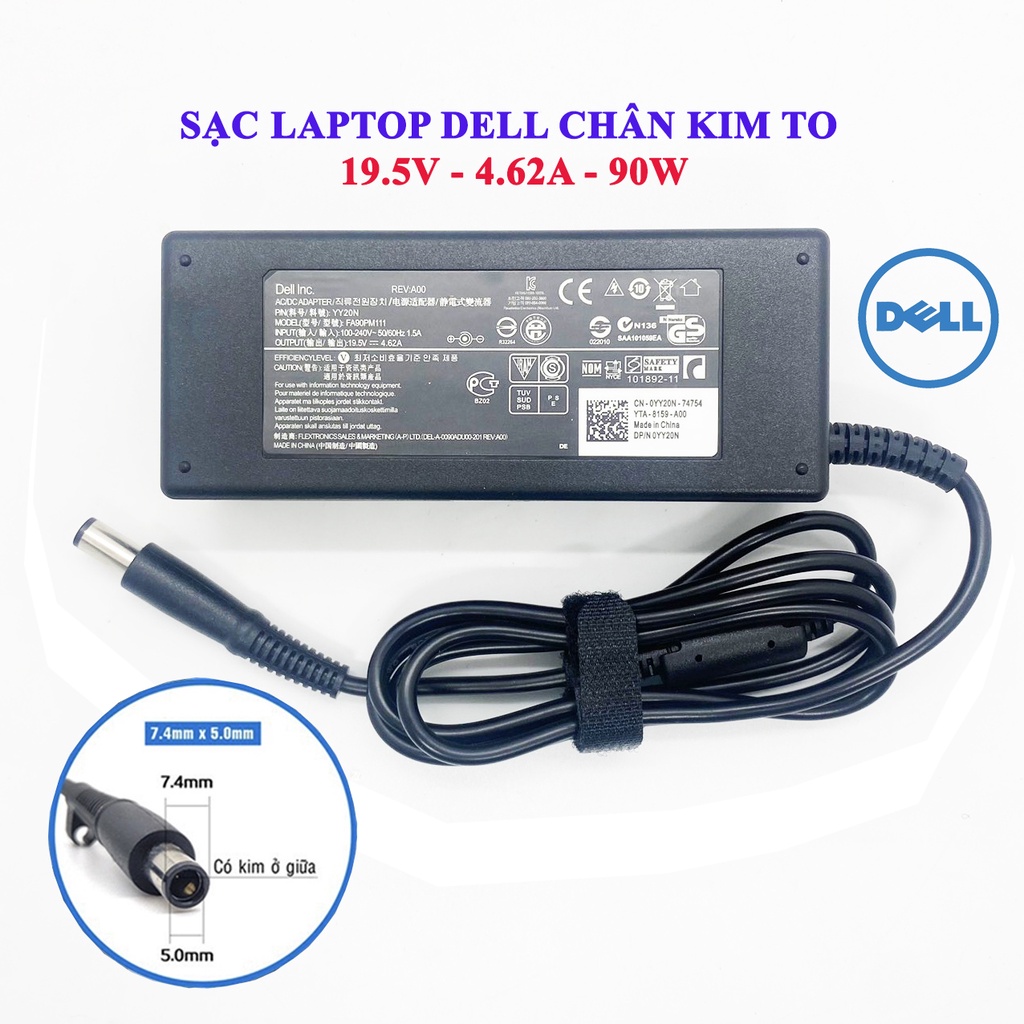 Sạc Laptop Dell Zin chân kim to loại tốt 19.5V - 4.62A - 90W, adapter dell chân kim to 7.4mm x 5.0mm