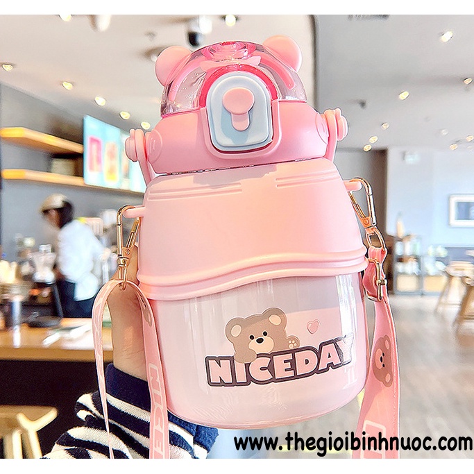BÌNH GIỮ NHIỆT 1L GẤU NICE DAY DÂY ĐEO INOX 304 B493
