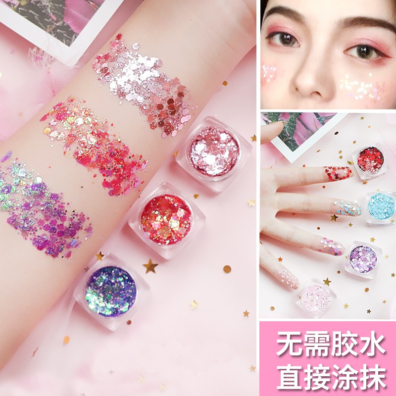 Bảng Phấn Mắt Bóng Lưu vực Douyin The same eye makeup sequins shadow net red corner stickers fairy COS stage performance glitter free glue gel