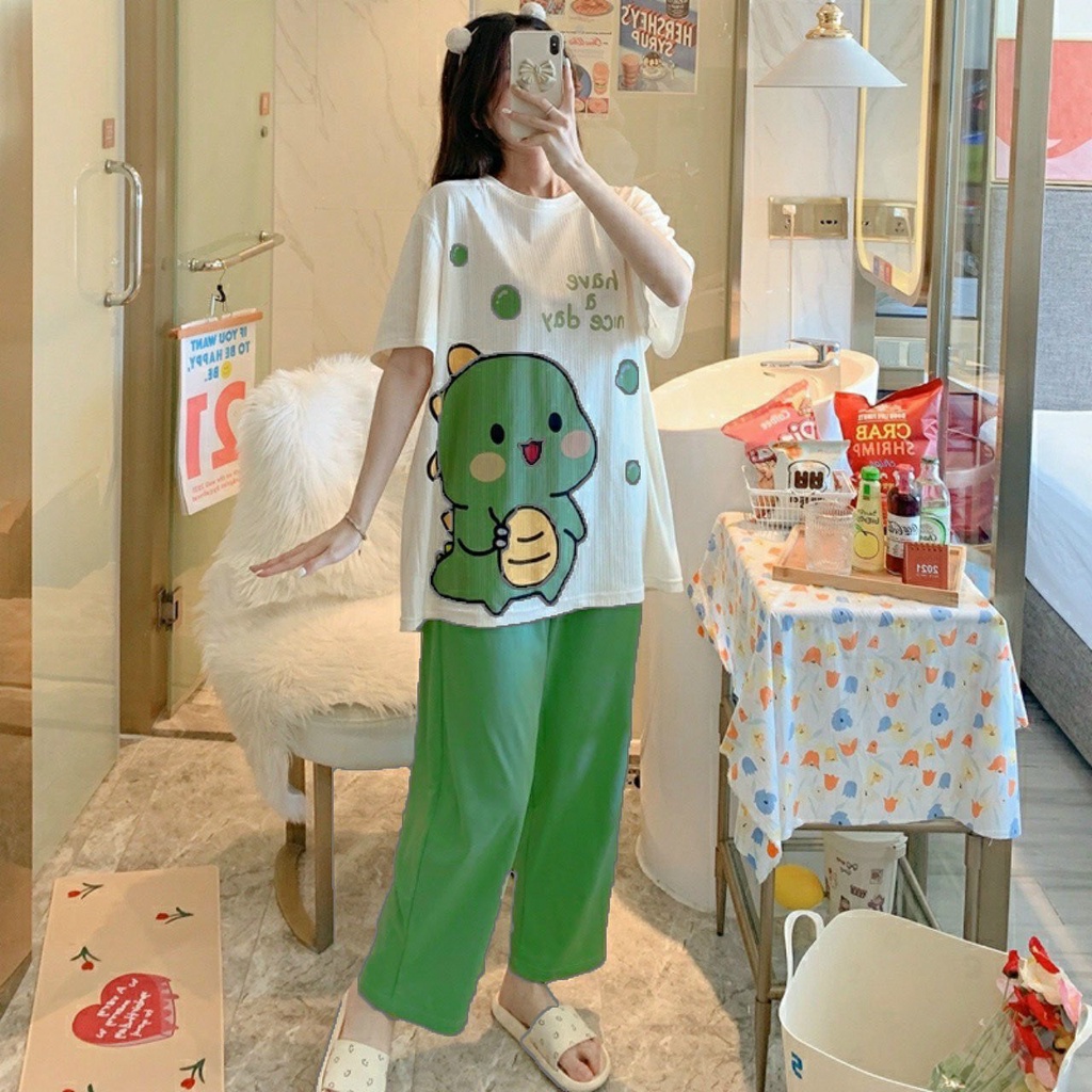 Đồ bộ nữ khủng long chất thun lạnh cộc tay, mặc nhà chất mát cho mùa hè quần dài áo cộc