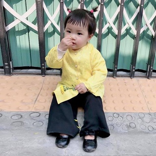 Áo bà ba cho bé gái thiết kế AN LẠC FASHION, bộ áo màu vàng và quần đen, trắng lụa gấm cao cấp mềm mịn, thoáng mát