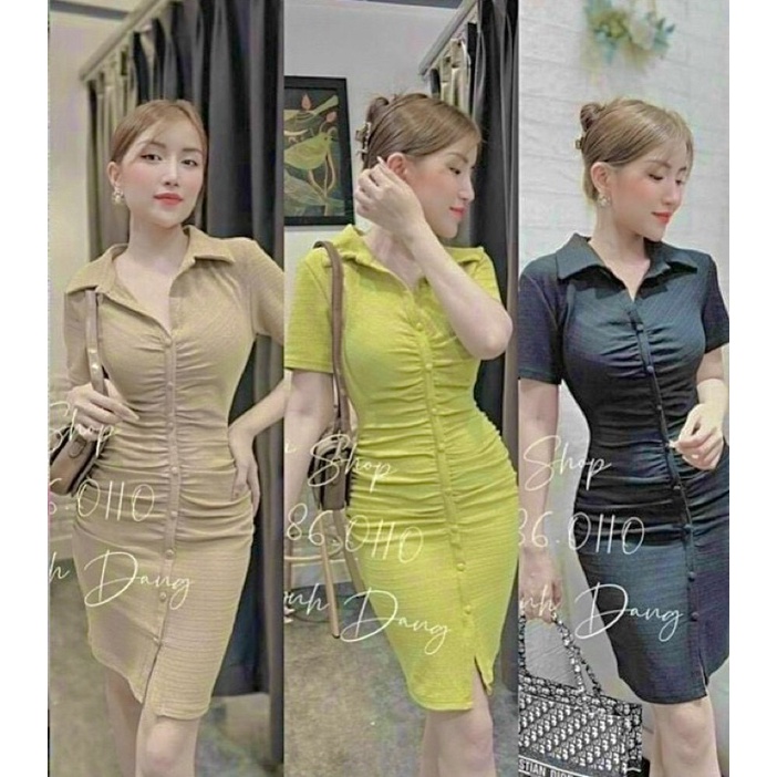 Đầm Polo Tay Ngắn Gân Tăm Dáng Ngắn Đính Hàng Núc Giữa Nhún Nhíu Ngực