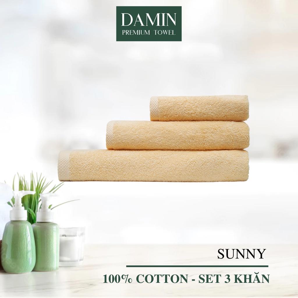 Bộ 3 khăn mặt, tắm, gội Damin Sunny 100% cotton - màu vàng