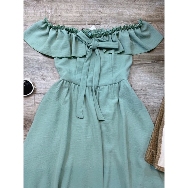 Đầm maxi bèo ngực trễ vai tone xanh nhẹ nhàng nữ tính