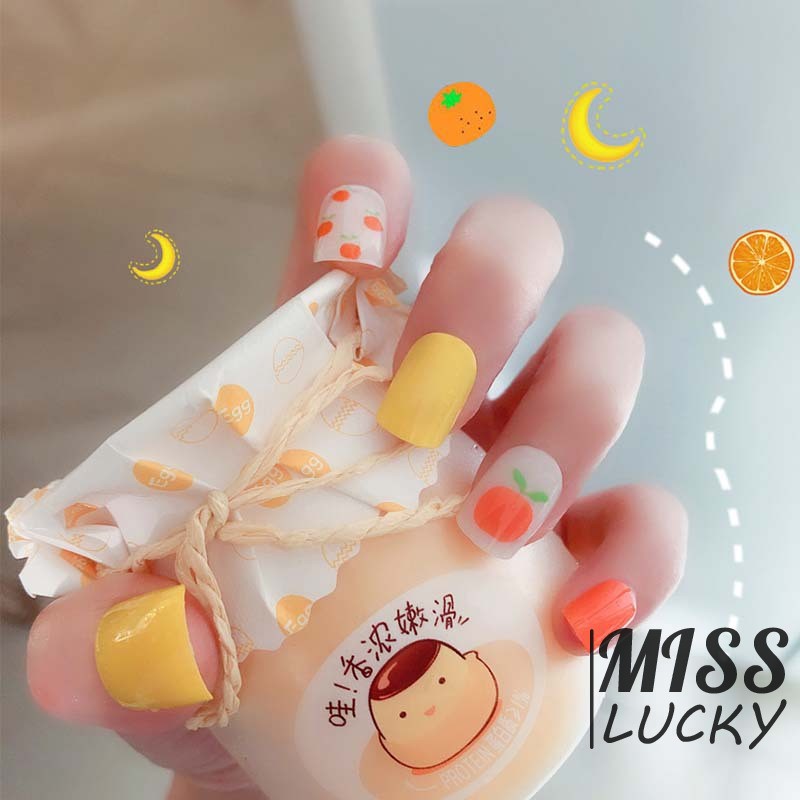 ❤HHN-VN Summer Sweet Orange Fake Nail Art Stickers Ins Women Beauty Manicure Fruit Pattern Square Fa
